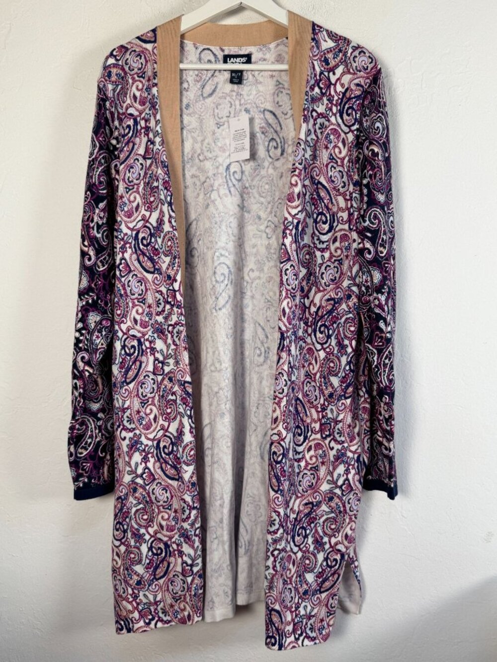Lands' End Women's XL/T Long Cardigan Paisley Print One of a Kind Open Front New